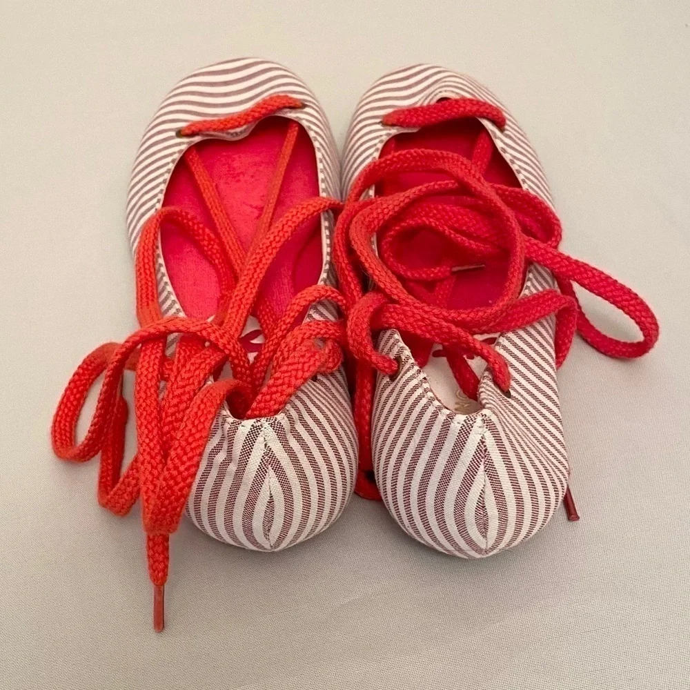 EXCHANGE Charles David Ankle Tie Shoes Ballet Flats Striped Nautical 6.5